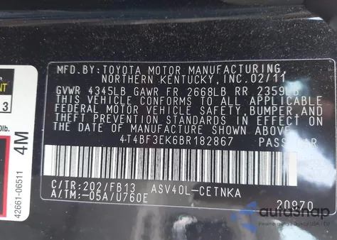 2011 Toyota Camry Le/Se/Xle z USA, uszkodzony, nr VIN 4T4BF3EK6BR182867